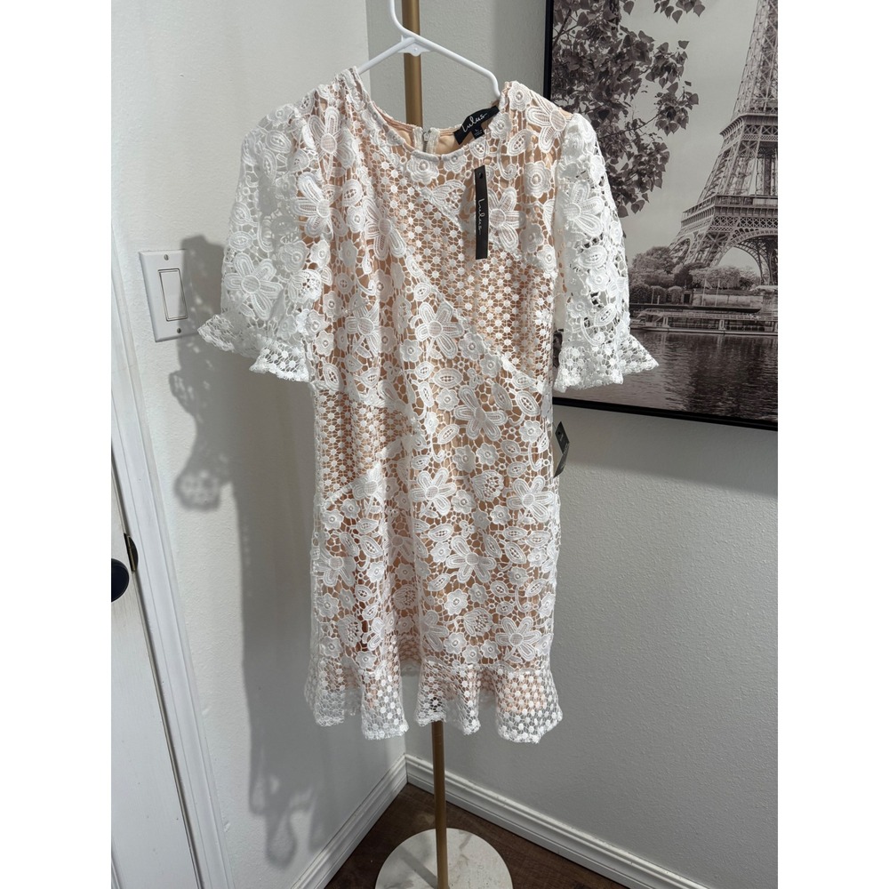 Lulus White Floral Lace Puff Sleeve Mini Dress Nude Lining Large NWT